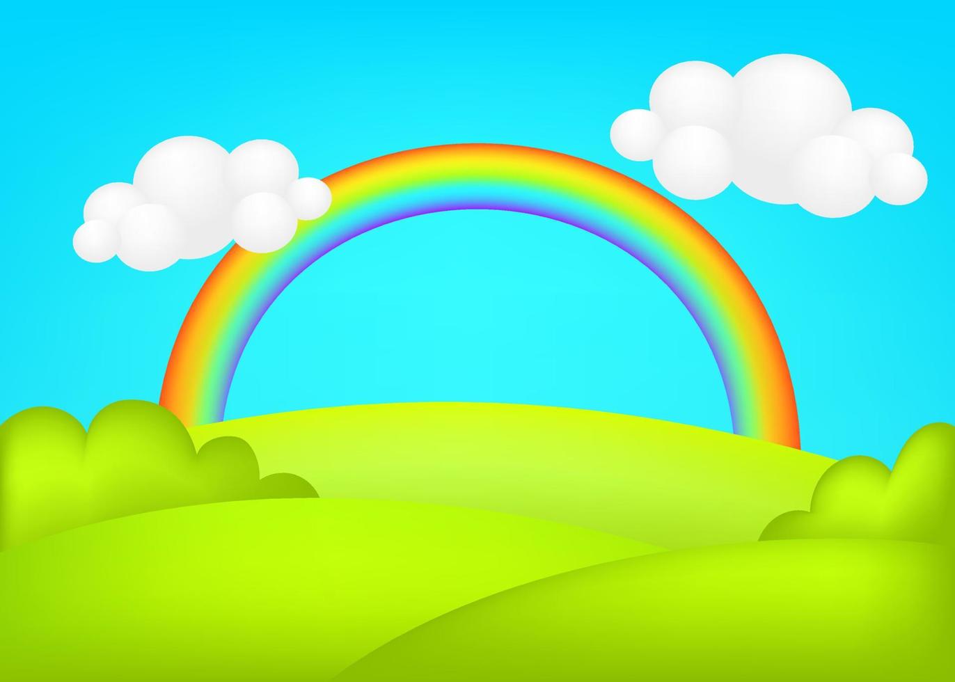 Meadow 3d vector illustration. Fantastic landscape with rainbow on green valley kids background. Colorful cute scenery with rainbow, spring green grassland, blue sky  for children's sites or printing.