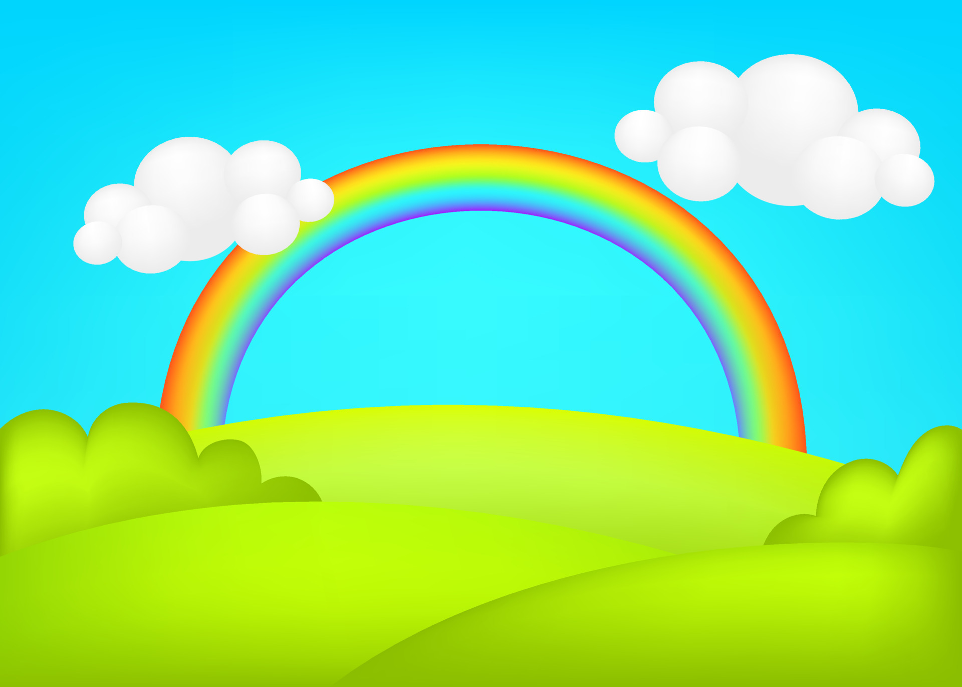 Meadow 3d vector illustration. Fantastic landscape with rainbow on green  valley kids background. Colorful cute scenery with rainbow, spring green  grassland, blue sky for children's sites or printing. 11134223 Vector Art at