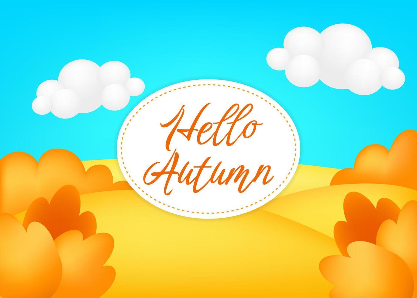 Hello autumn. Meadow 3d vector illustration. Bright landscape of harvest valley, kids background. Colorful cute scenery with fall season yellow field, trees, blue sky, clouds for children's sites.