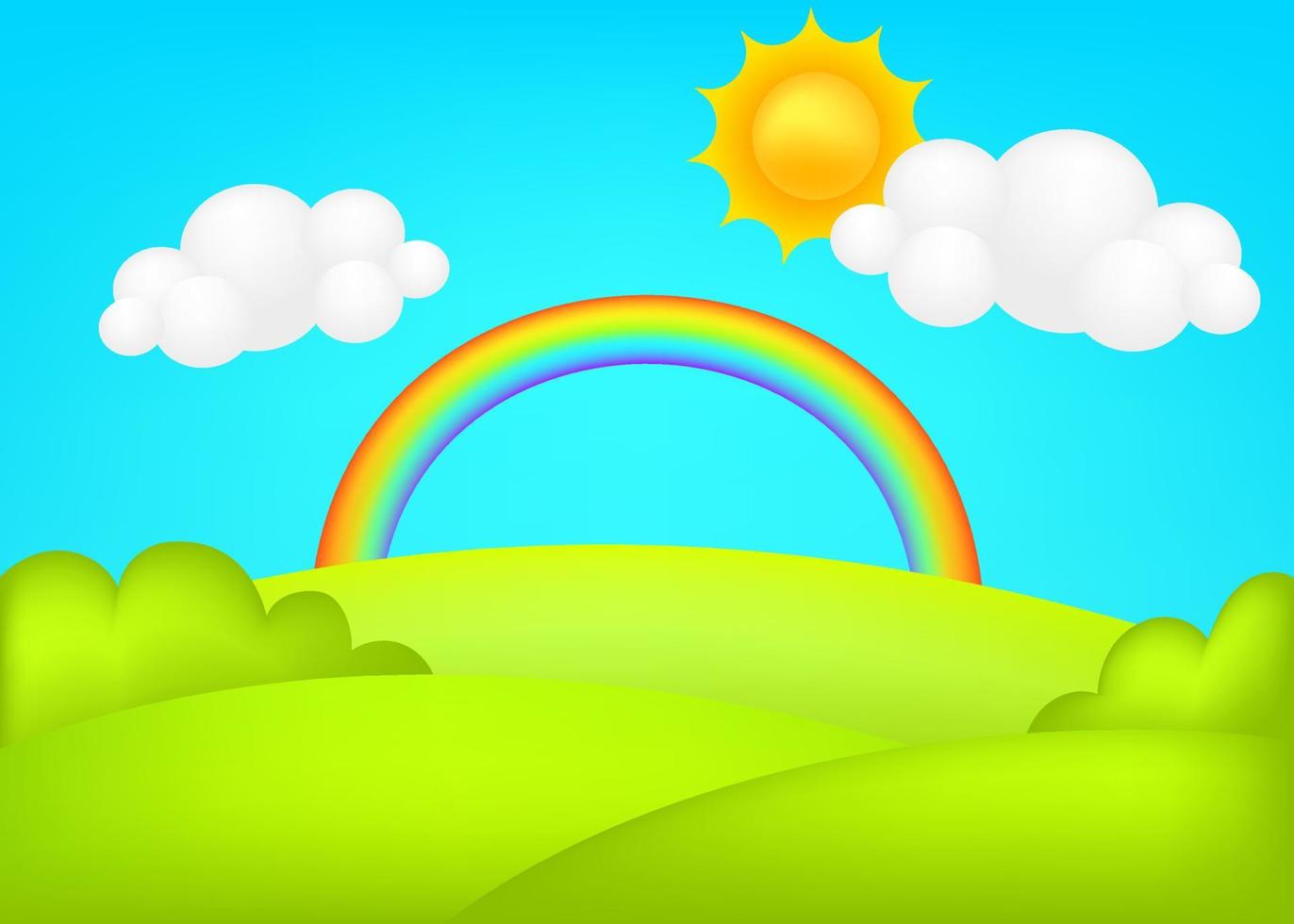 Meadow 3d vector illustration. Fantastic landscape with rainbow on green valley kids background. Colorful cute scenery with rainbow, spring green grassland, blue sky, sun, cloud for children's sites.