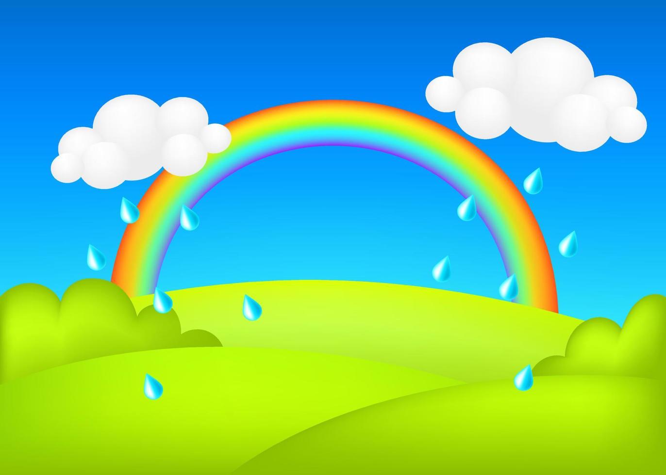 clima lluvioso en la ilustración de vector 3d de pradera. paisaje con arco iris en el fondo del pronóstico de los niños del valle verde. colorido paisaje lindo con gotas de lluvia, pradera verde primavera, cielo azul para los niños.