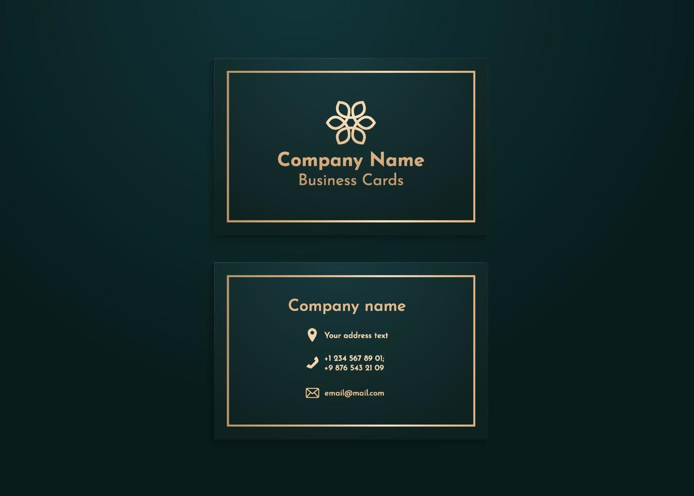 Overlay vector mockup horizontal business card two sides. Realistic design green background. Template card, blank, social media, flyer, logo in luxury trendy gold