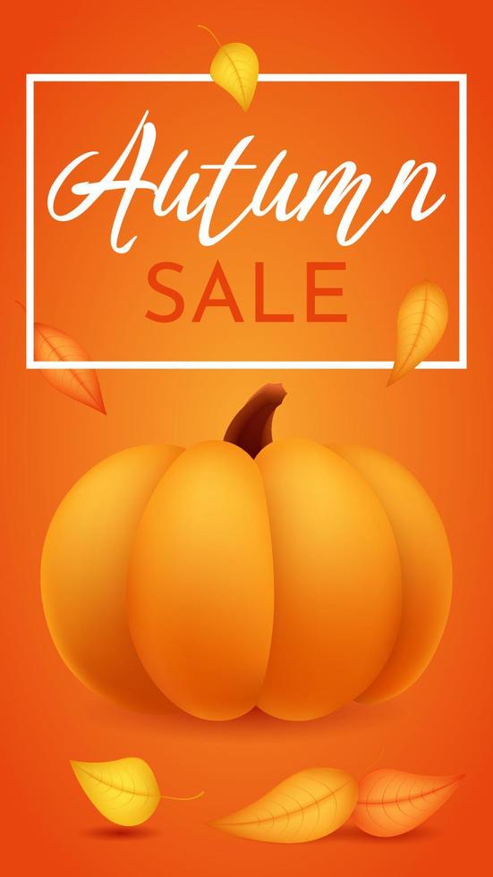 Autumn sale background. Discounts promo seasonal shopping. Vertical banner flyer in a rectangular frame with pumpkin, leaves on orange backdrop. Special seasonal offer template. Vector illustration.