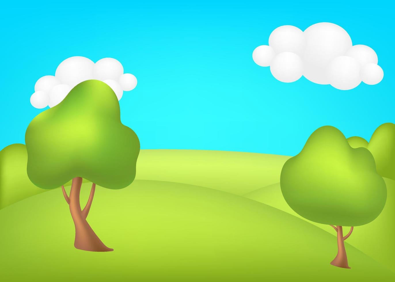 Meadow 3d vector illustration. Bright landscape of green valley kids background. Colorful cute scenery with  spring green grassland, trees, blue sky, clouds for children's sites.