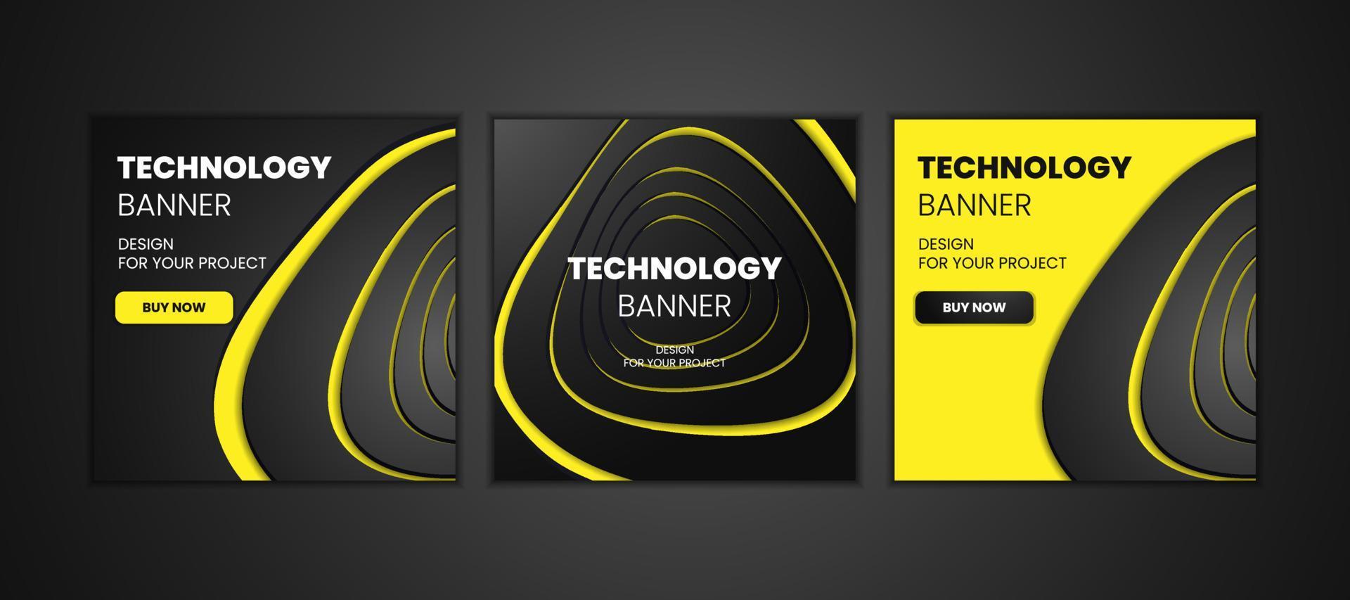 Modern technology banners collection in geometry style. Futuristic hi-tech yellow background set. Vector illustration. Dynamic neon abstractions for typography, design frame for social media post