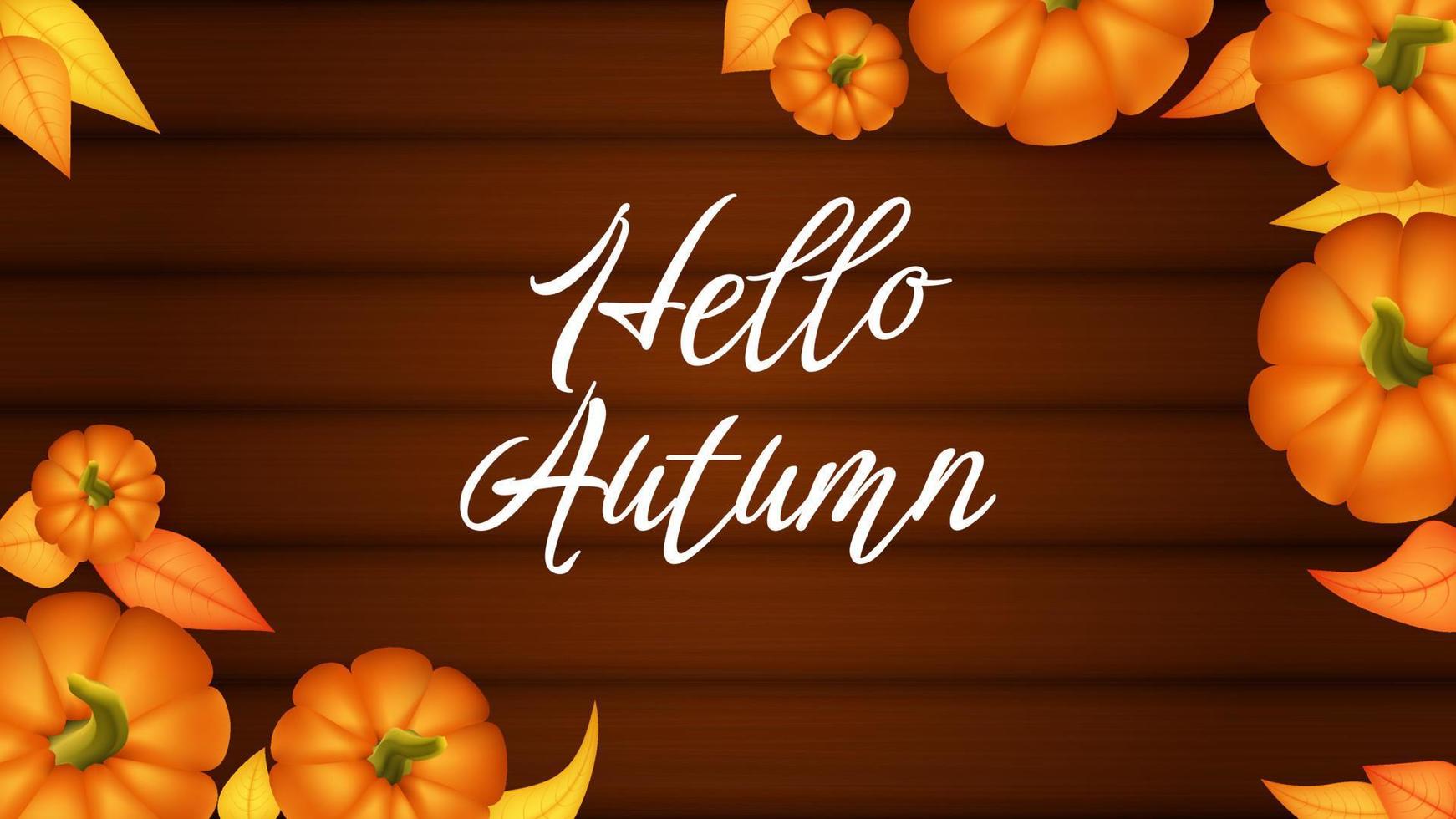 Hello autumn banner template with orange pumpkin and leaf. Poster, card, label, banner. Vector illustration with pumpkins, autumnal leaves. Wooden background. Overhead top view with copy space.