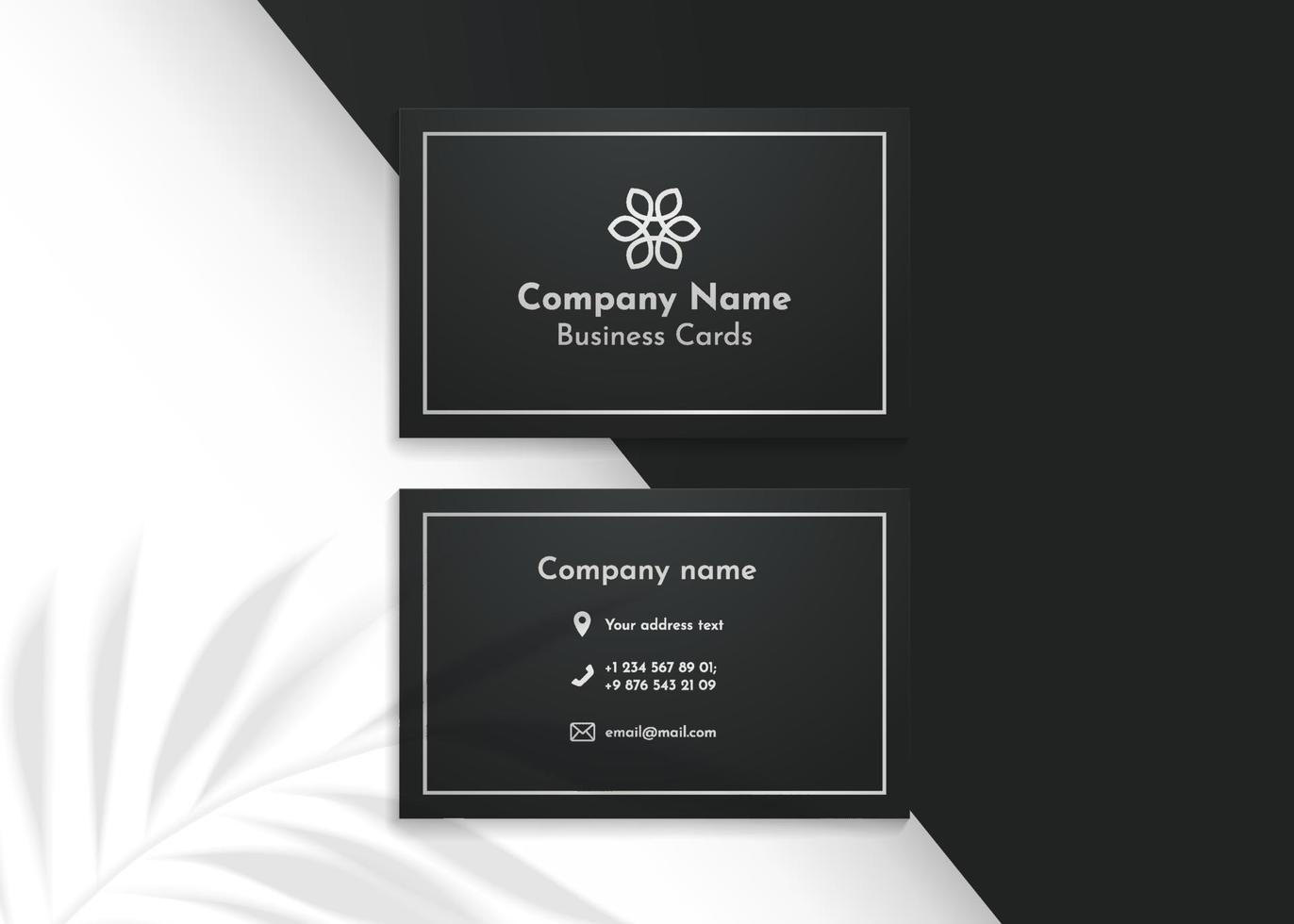 Plant shadow overlay vector mockup horizontal business card two sides. Realistic shadows overlays tropic leaf on black background. Template card, social media, flyer, logo in luxury trendy silver