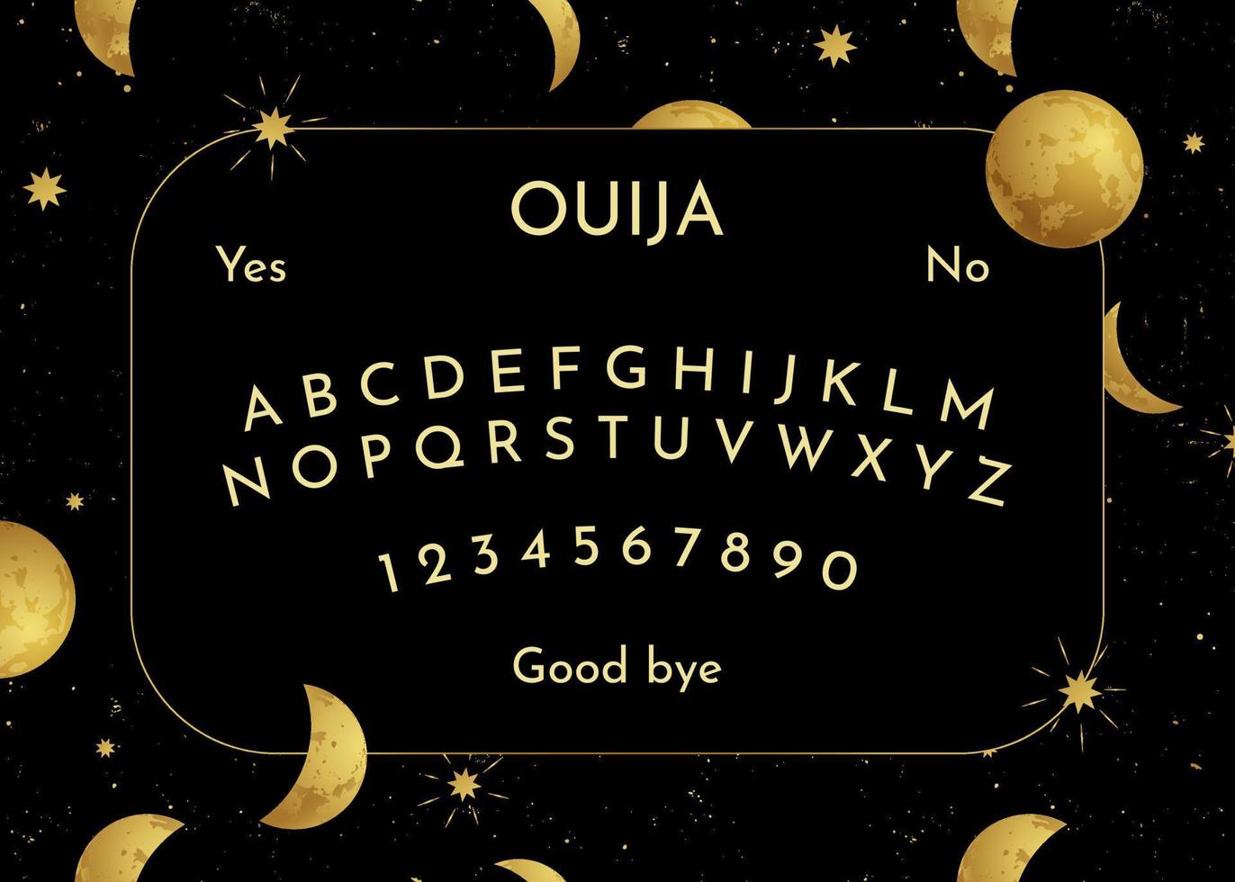 tablero de ouija de plantilla gráfica. símbolos negros y dorados de luna, estrellas, textos y tipografía alfabética. fantasmas y demonios llamando juego de halloween. ilustración vectorial para la brujería, la impresión y el juego. vector