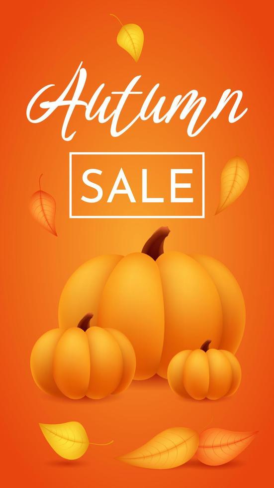 Autumn sale background. Discounts promo seasonal shopping. Vertical banner flyer in a rectangular frame with pumpkin, leaves on orange backdrop. Special seasonal offer template. Vector illustration.