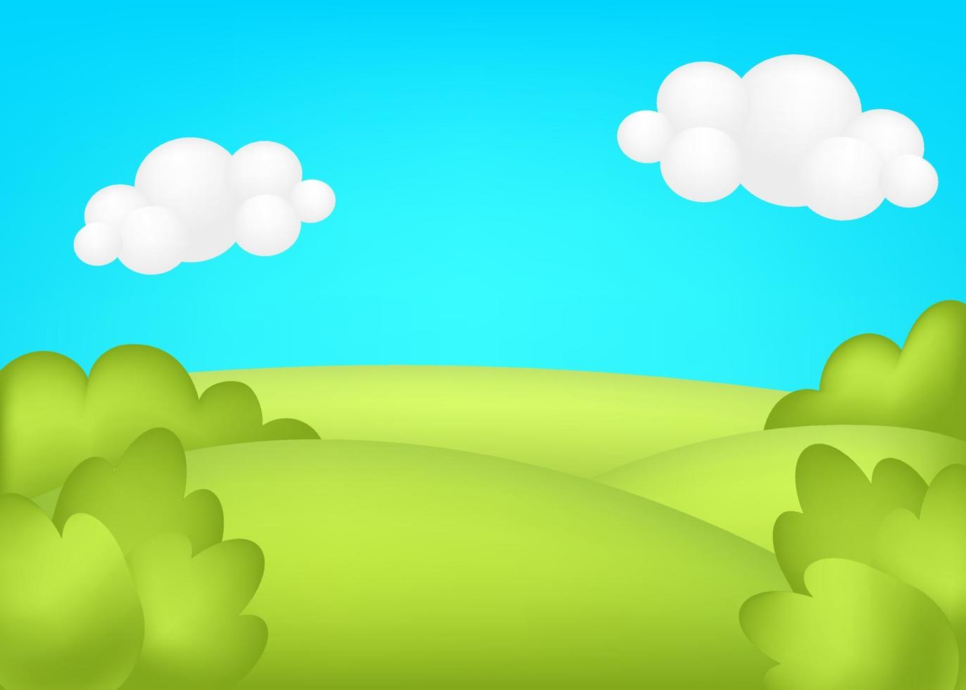 Meadow 3d vector illustration. Bright landscape of green valley kids background. Colorful cute scenery with  spring green grassland, trees, blue sky, clouds for children's sites.