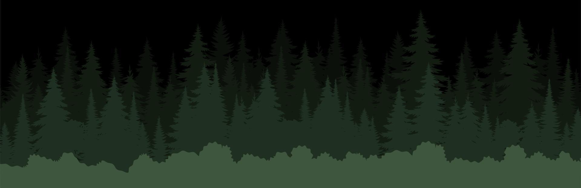 Vector mountains forest background texture, silhouette of coniferous forest, vector. Night trees, spruce, fir. Horizontal landscape layered.