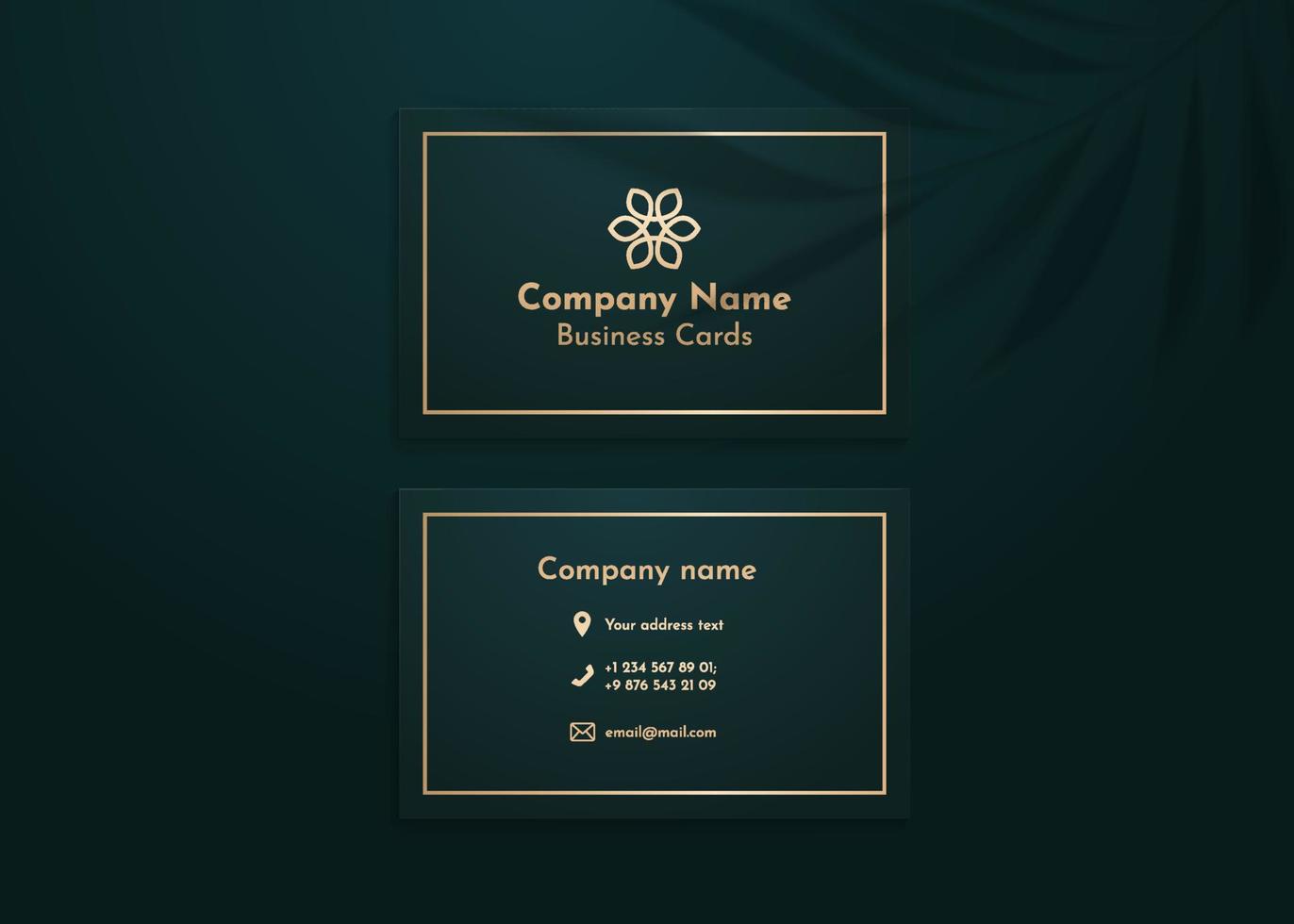 Plant shadow overlay vector mockup horizontal business card two sides. Realistic shadows overlays tropic leaf on green background. Template card, blank, social media, flyer, logo in luxury trendy