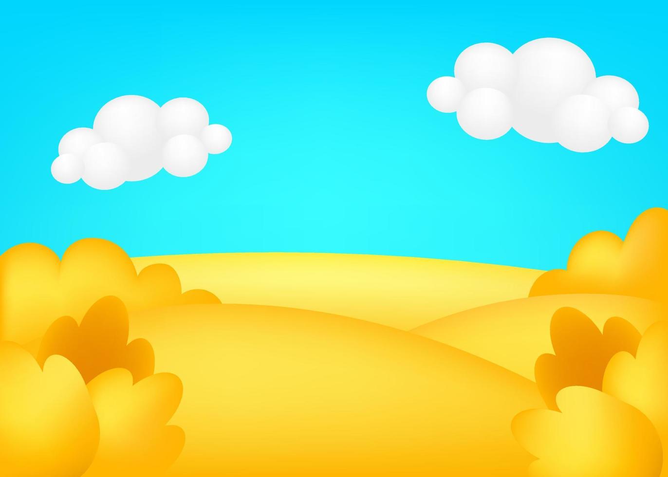 Meadow 3d vector illustration. Bright landscape of harvest valley, kids background. Colorful cute scenery with  autumn yellow field, trees, blue sky, clouds for children's sites.