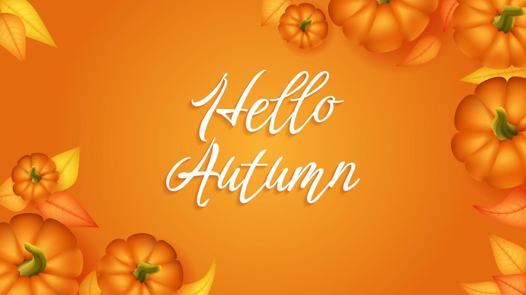 Hello autumn banner template with pumpkin and leaf. Poster, card, label, web banner. Vector illustration Happy Thanksgiving composition with pumpkins, autumnal leaves. Overhead view with copy space.