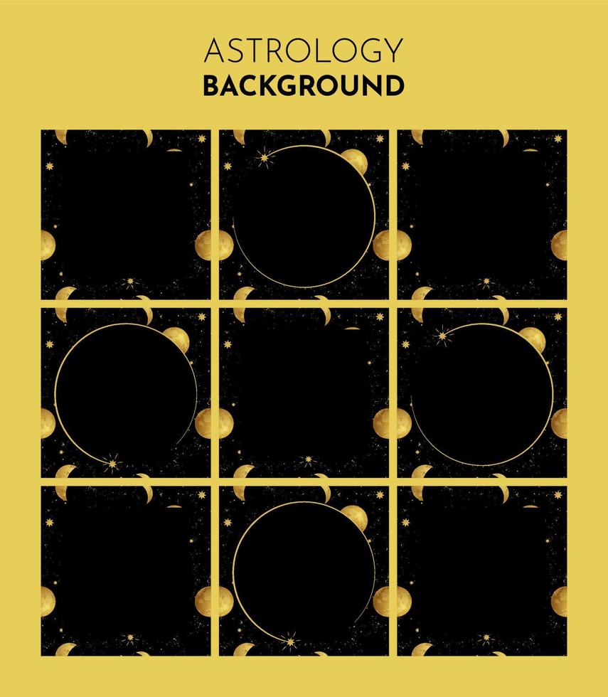 Set of editable minimal square banner templates. Black and gold astrology sky with moon and stars. Suitable for social media posting and online advertising. Vector illustration for horoscope, or magic