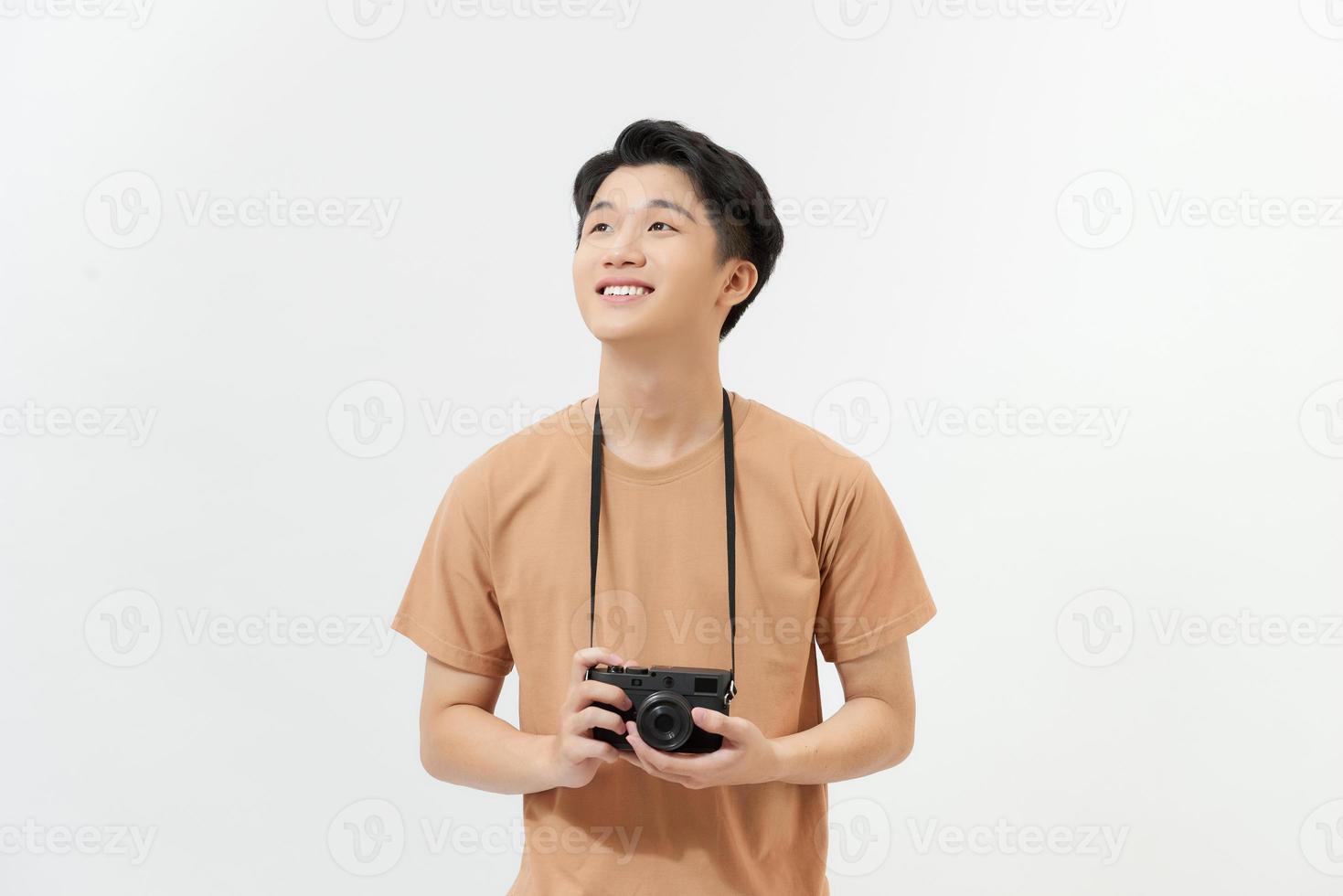 Laughing traveler tourist man in yellow casual clothes with photo camera