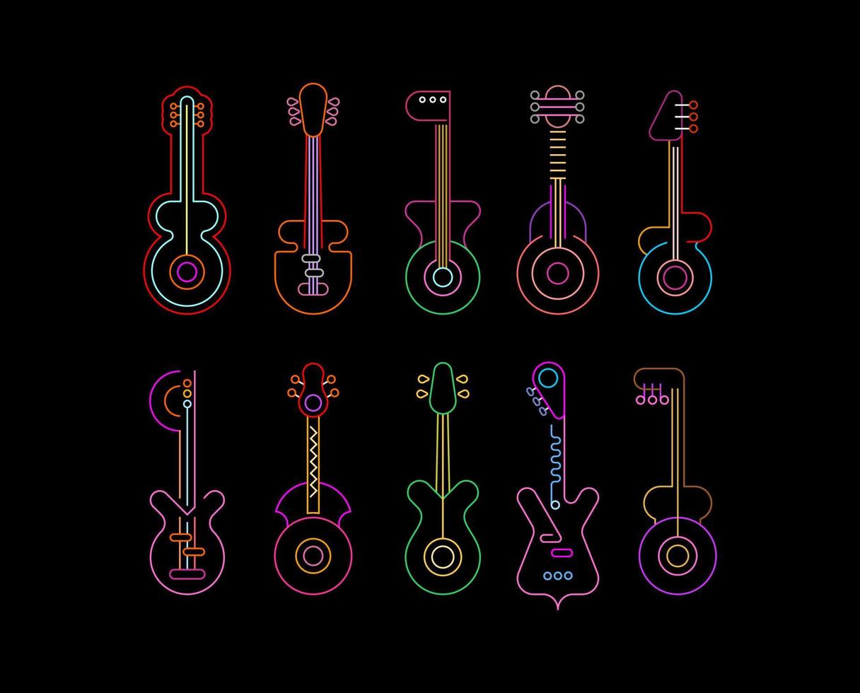 Set of Line Art Neon Guitars vector