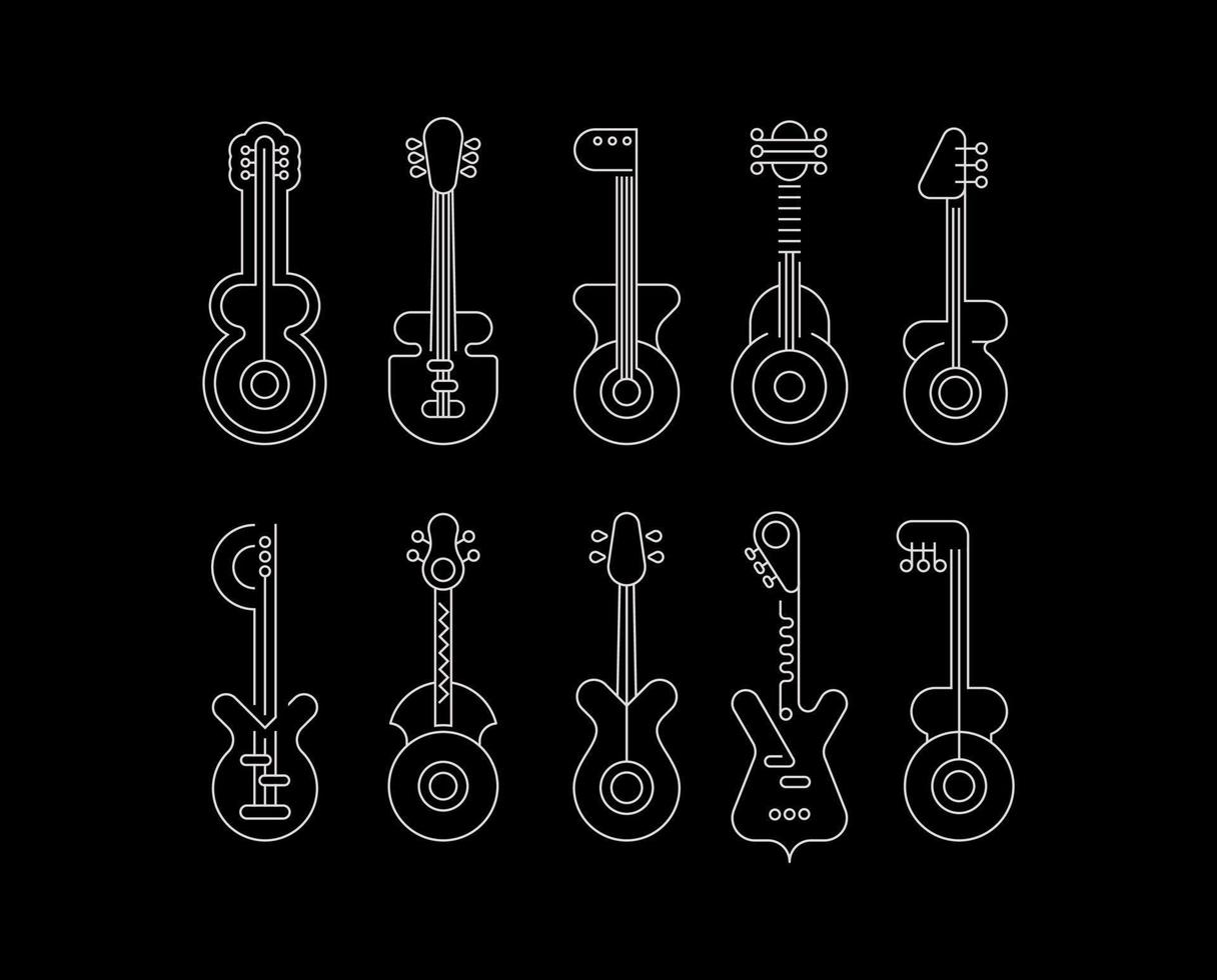 conjunto de siluetas de guitarra de arte lineal vector