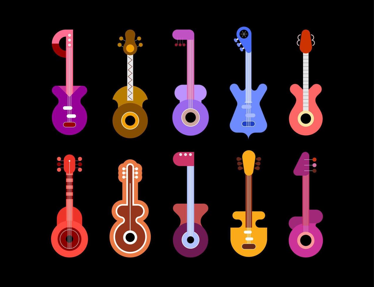 diez guitarras sobre un fondo negro vector