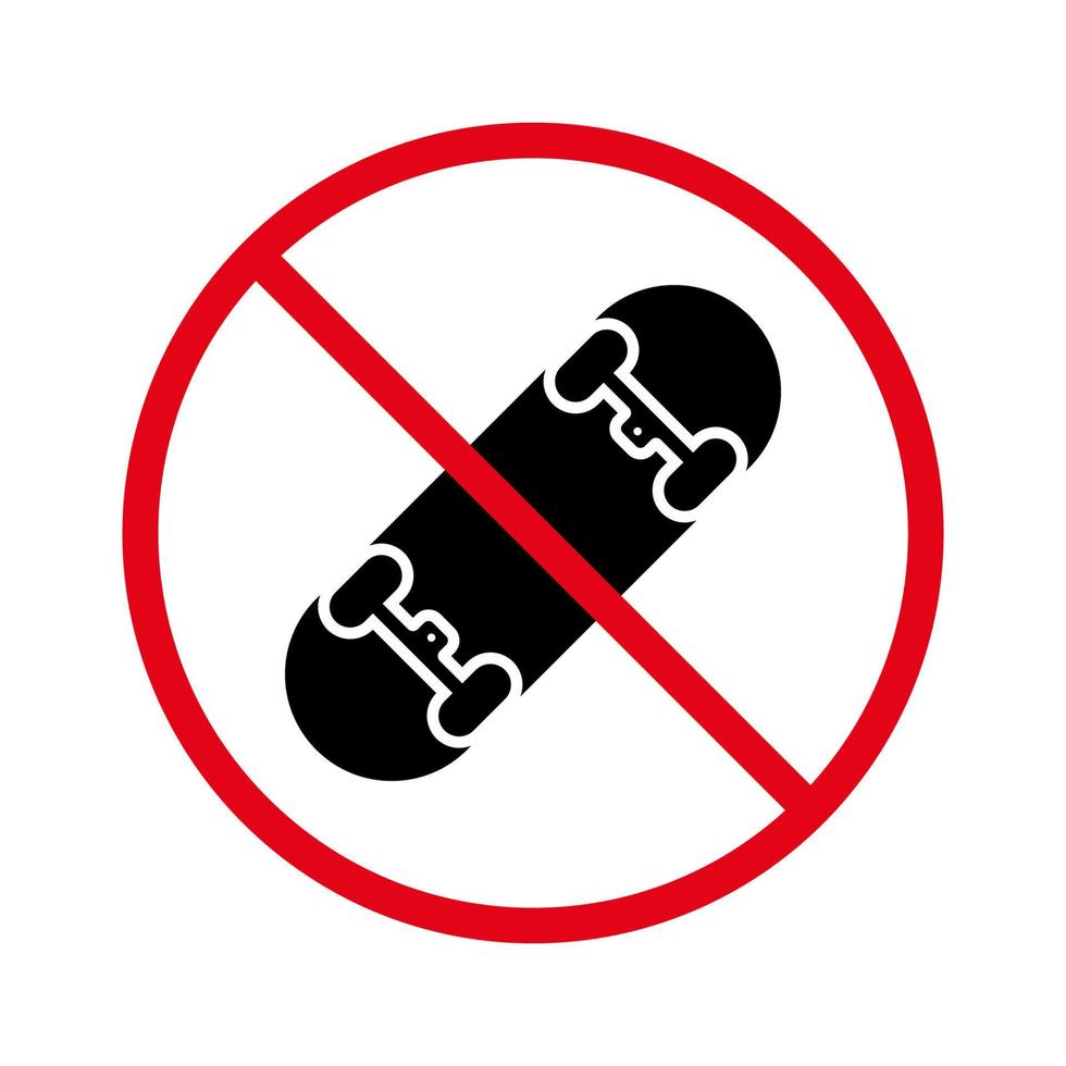 Patineta prohibida. icono de silueta negra de prohibición de monopatín. no se permite la señal de patinaje. Pictograma de rueda de cubierta de equipo de patinador prohibido. símbolo de parada de skate. ilustración vectorial aislada. vector