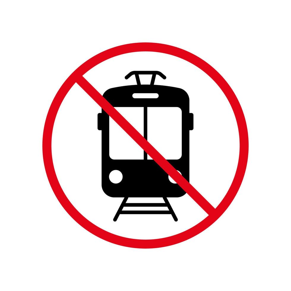 Tramway Ban Black Silhouette Icon. Tram Way Forbidden Pictogram. Electric Streetcar Red Stop Circle Symbol. Warning No Tramway Road Sign. Old Public City Tram Prohibited. Isolated Vector Illustration.