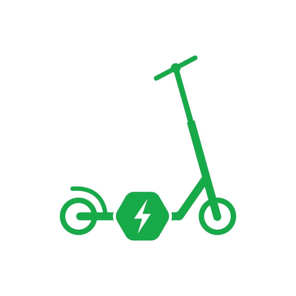 Símbolo plano de patinete de patada de batería de electricidad. Icono de silueta verde de patinete electrónico. Pictograma de glifo de bicicleta de rueda de empuje de energía eléctrica. mango ecológico y transporte. ilustración vectorial aislada. vector