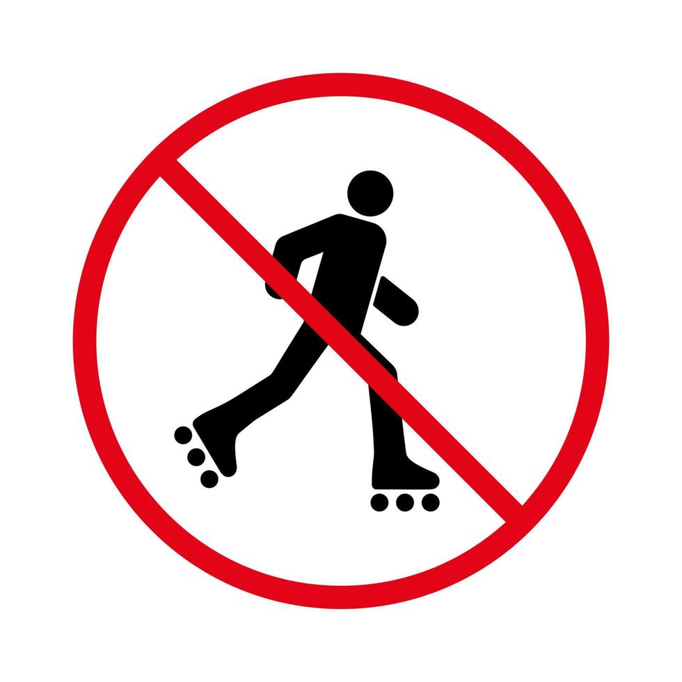 hombre en rollo símbolo de círculo de parada roja. no se permite la señal de patinaje. prohibir la entrada en el icono de la silueta negra del patín de ruedas. precaución prohibido pictograma de patines. rodillo prohibido. ilustración vectorial aislada. vector