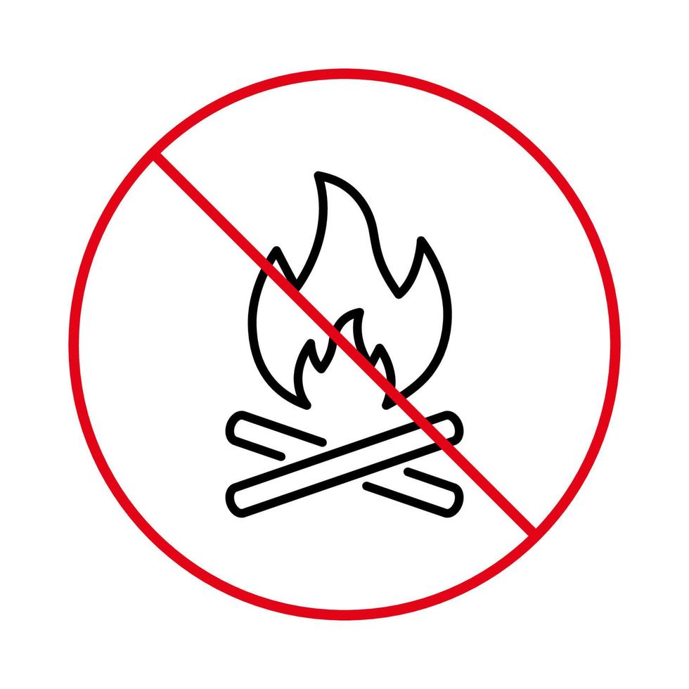 Prohibit Night Wood Campfire Stop Symbol. No Allowed Hot Warm Firewood Outline Sign. Camp Fire Burn Flame Ban Black Line Icon. Warning Forbidden Danger Bonfire Pictogram. Isolated Vector Illustration.