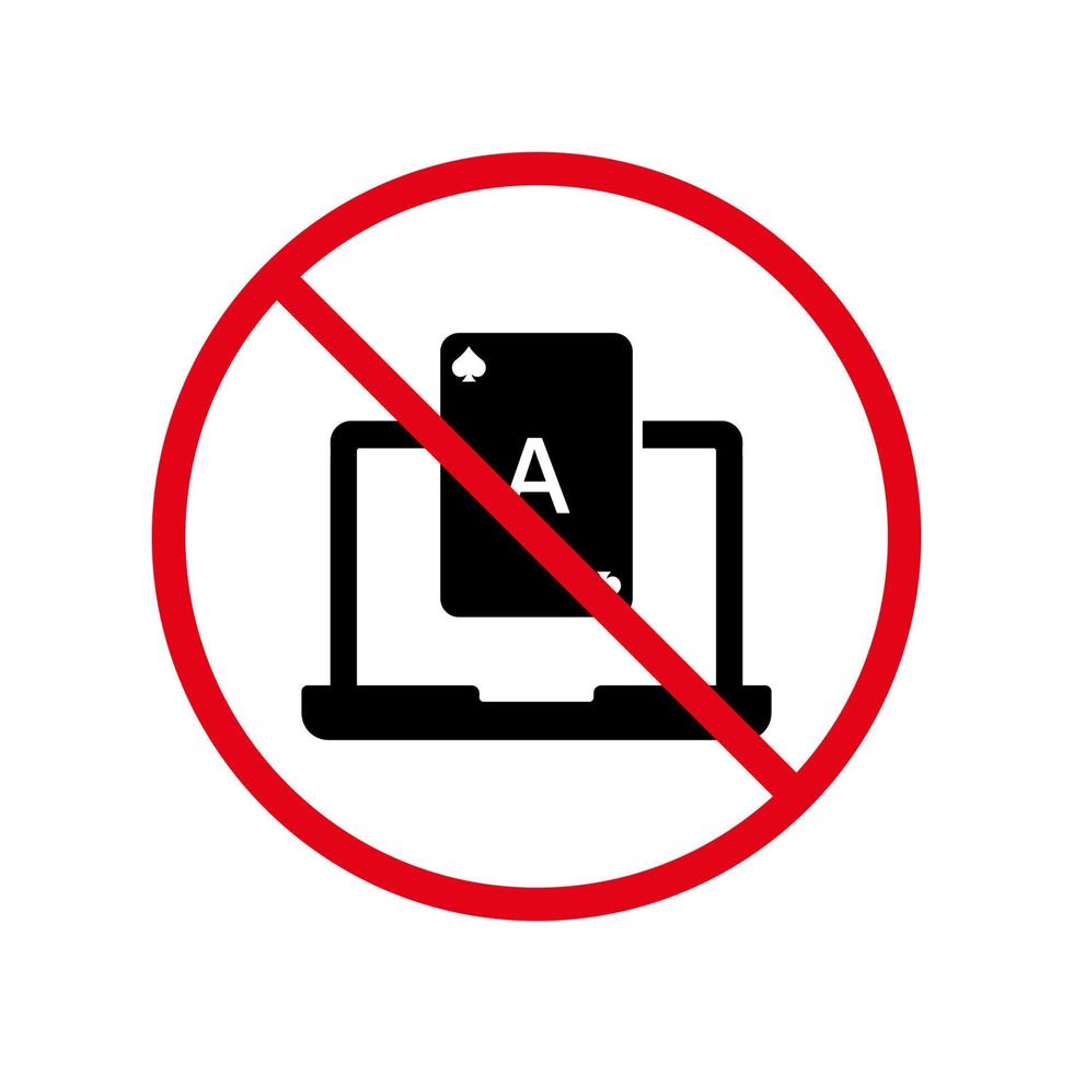 Prohibited Gambling Red Stop Circle Symbol. No Allowed Poker Club in Computer Sign. Ban Online Laptop Play Card Black Silhouette Icon. Forbid Internet Casino Pictogram. Isolated Vector Illustration.
