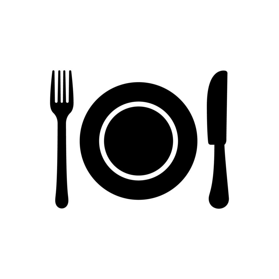 Restaurant Metal Cutlery for Dinner Glyph Pictogram. Fork Knife Plate Black Silhouette Icon. Dishware Cafe Food Lunch Flat Symbol. Dining Knife and Fork Silverware Sign. Isolated Vector Illustration.