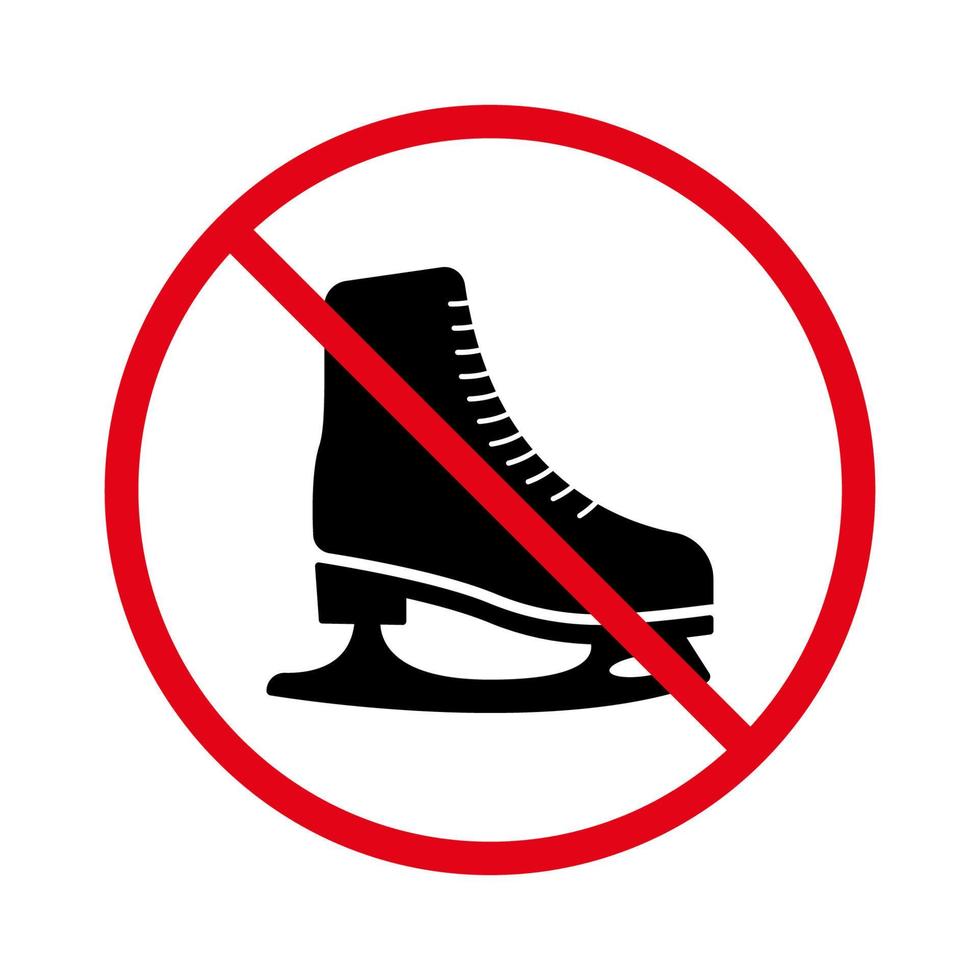 prohibir el icono de la silueta negra del patín de hielo. pictograma de patinaje artístico prohibido. símbolo de parada roja del patinador. no se permiten señales de recreación en el área de la pista. botas de invierno para patines de hielo prohibidas. ilustración vectorial aislada. vector