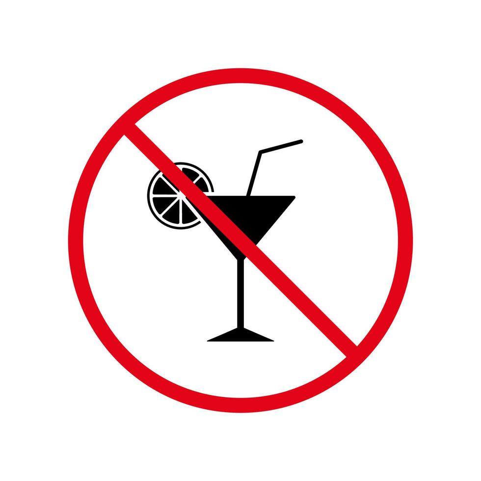 cóctel con icono de silueta negra de prohibición de paja. Pictograma de barra de alcohol de bebida prohibida. símbolo de círculo rojo de parada de coctel de martini prohibido. no se permite señal de margarita. ilustración vectorial aislada. vector