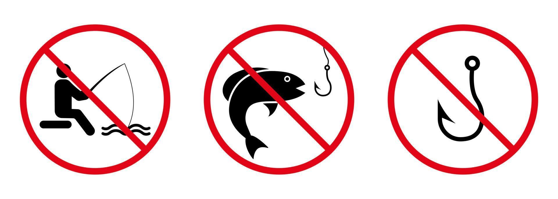 Forbidden Fishing Hook Fish Black Silhouette Icon Set. Fisherman Red Stop Circle Symbol. No Allowed Catch Fish in Lake Sign. Fisher Man Prohibited. Ban Fishing Pictogram. Isolated Vector Illustration.