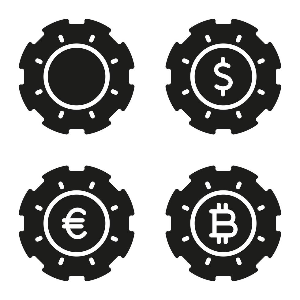 Casino Poker Money Currency Black Silhouette Icon. Gamble Poker Betting Chip Set Sign. Fortune Game Gambling Bet Flat Symbol. Luck Dollar Euro Bitcion Glyph Pictogram. Isolated Vector Illustration.