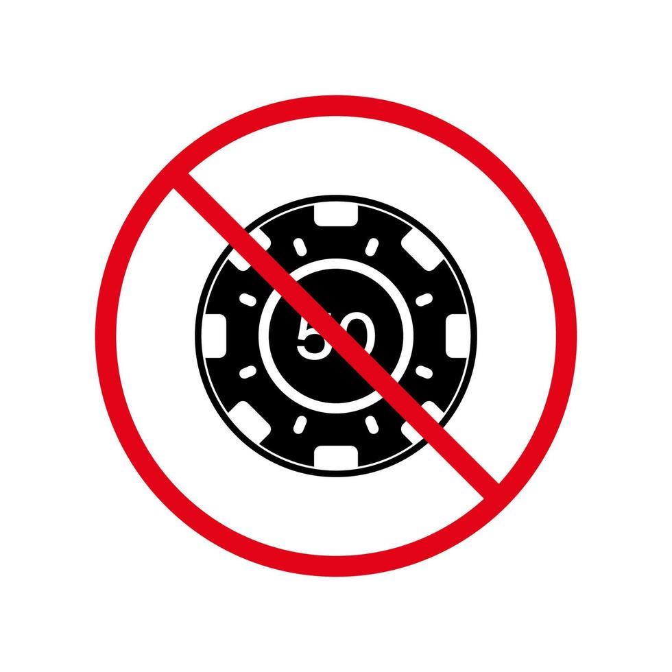 Pictograma de ruleta de casino de póquer de fichas prohibidas. icono de silueta negra de prohibición de juego de apuestas. símbolo de círculo rojo de parada de fichas de juego prohibido. No se permite jugar al casino. ilustración vectorial aislada. vector