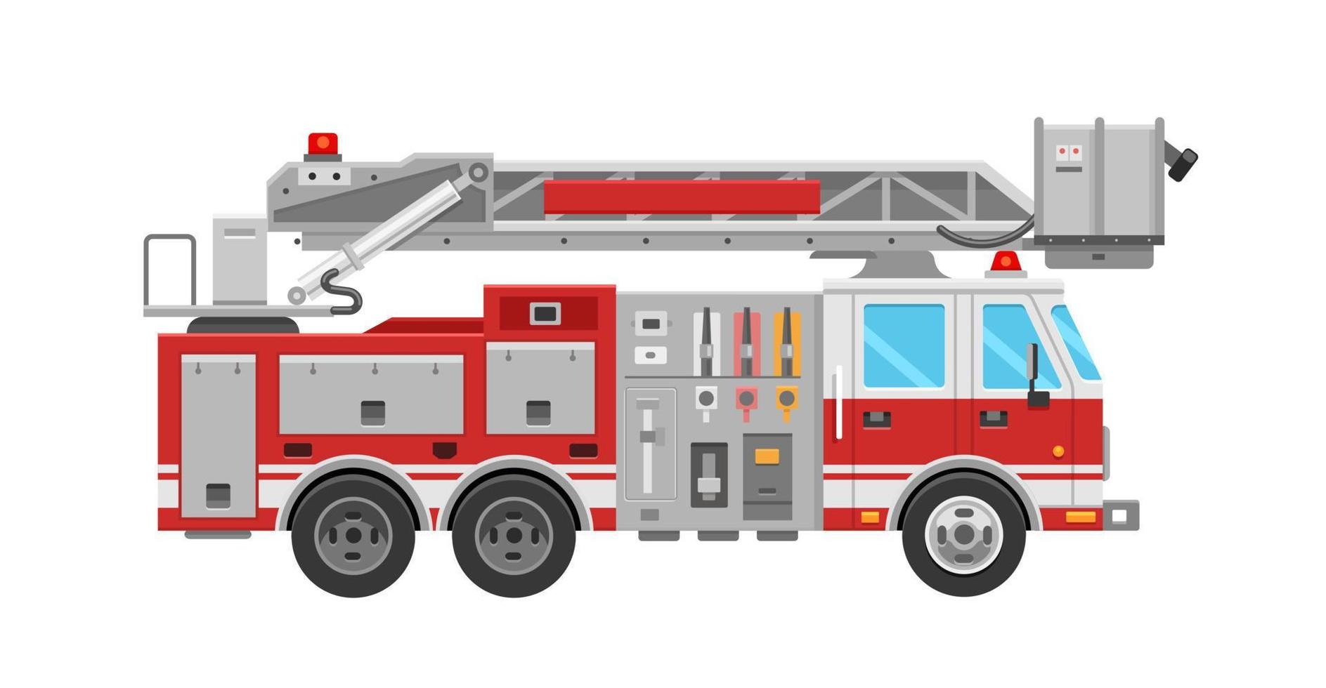 Red fire truck to put out a fire in a flat style. Vector illustration of an emergency vehicle on a white background.