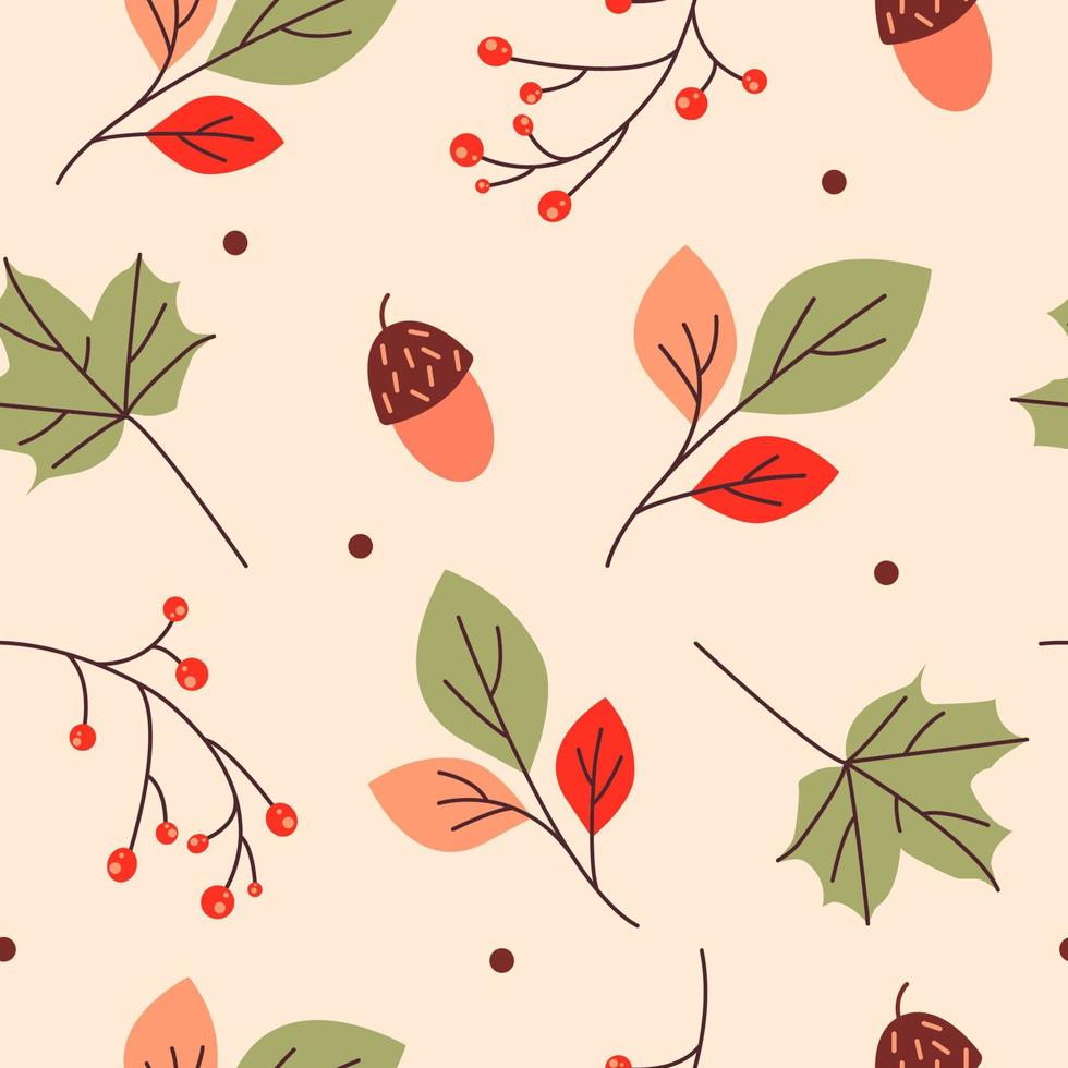 Seamless Autumn Pattern with acorns, leaves and rowan twigs. Perfect for wallpaper, gift paper, Pattern fill, web page background, Autumn greeting cards. Vector illustration.