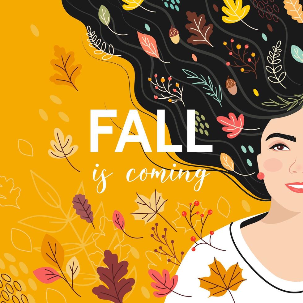 Postcard design with a young dark-haired beautiful Girl and the inscription Fall is coming. Enjoy the Fall concept. Vector illustration in flat style.