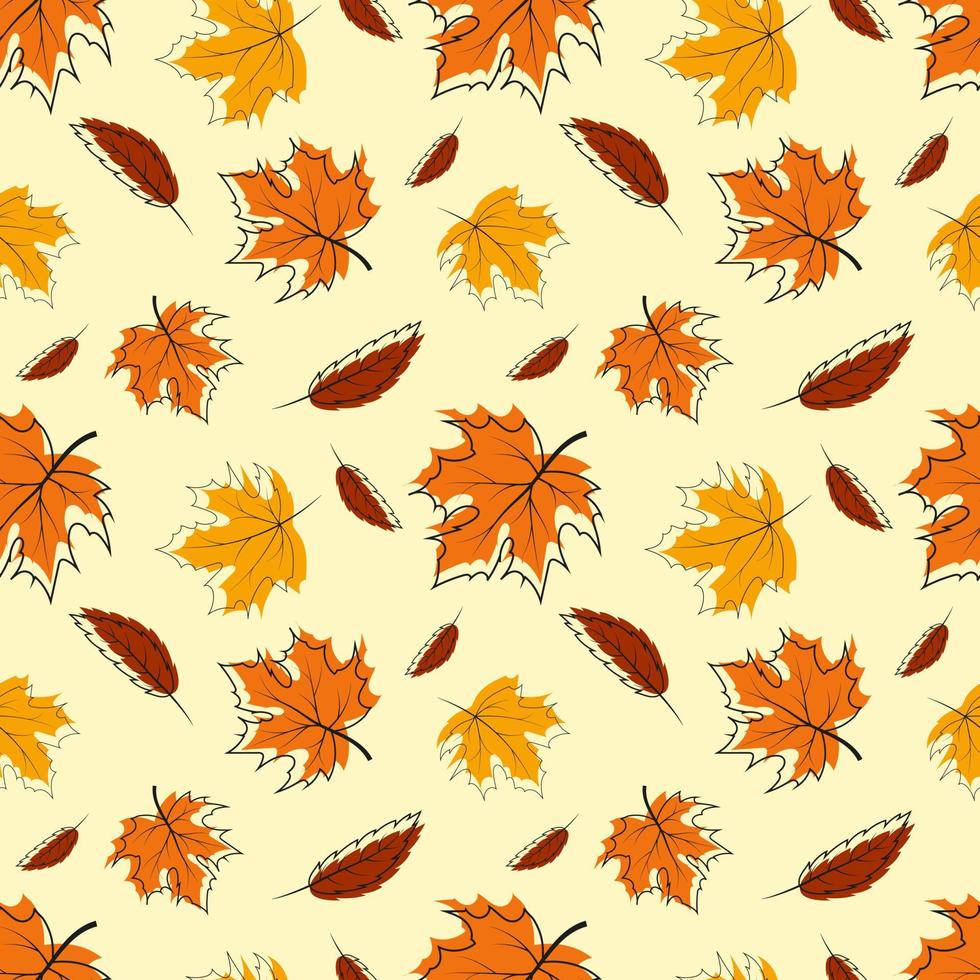 Pattern with colorful autumn leaves, outline and paint, in cartoon style. Ideal for packaging, notebooks, school supplies, children's clothing vector