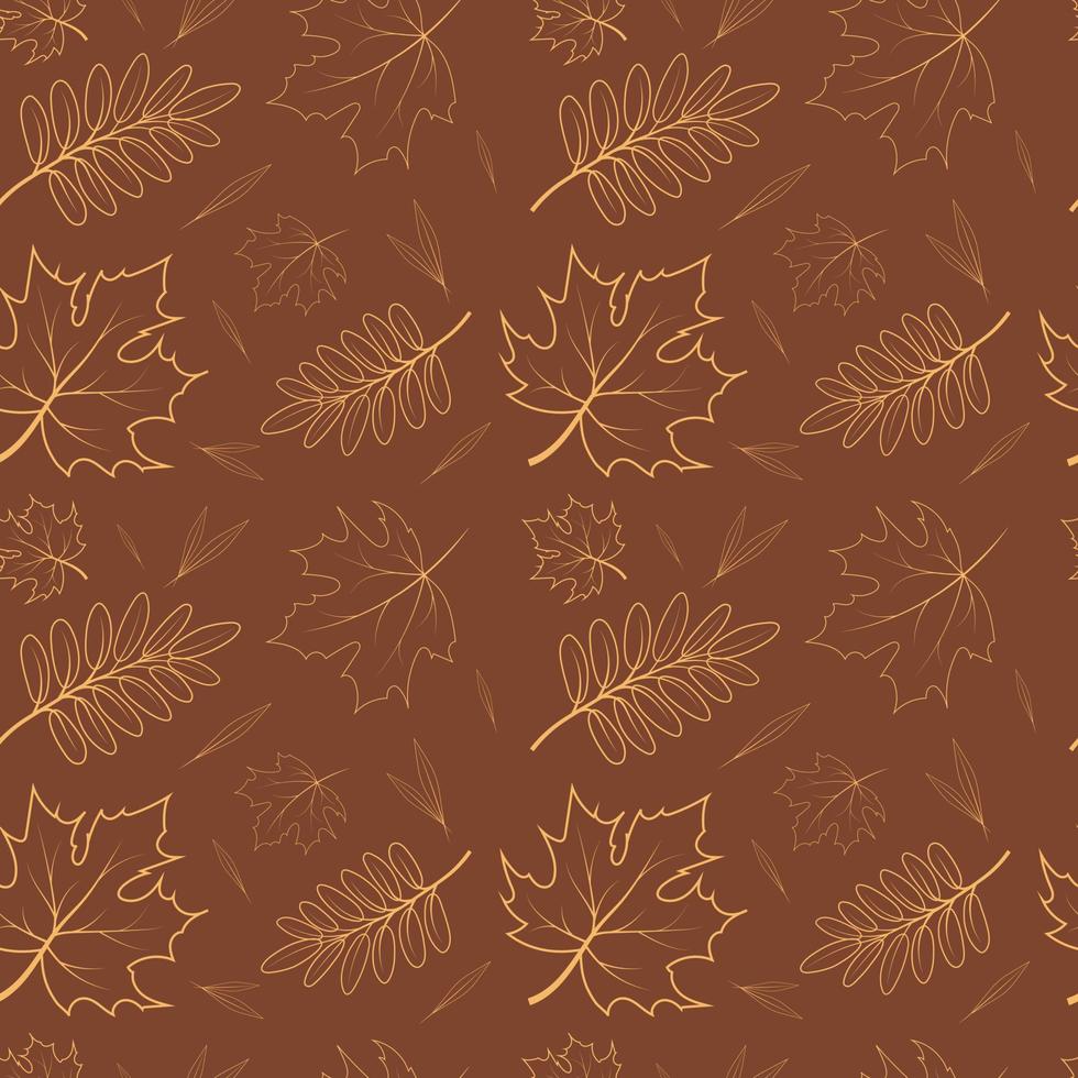 Autumn pattern with contoured leaves on brown background vector