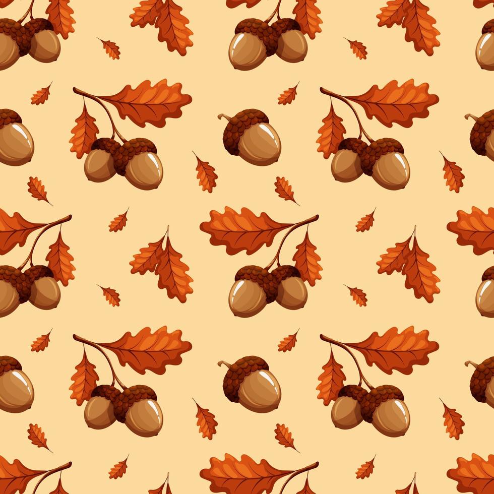 Pattern with light acorns and leaves on beige background vector