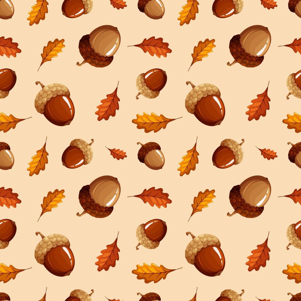 Pattern with light and dark acorns and leaves on beige background vector