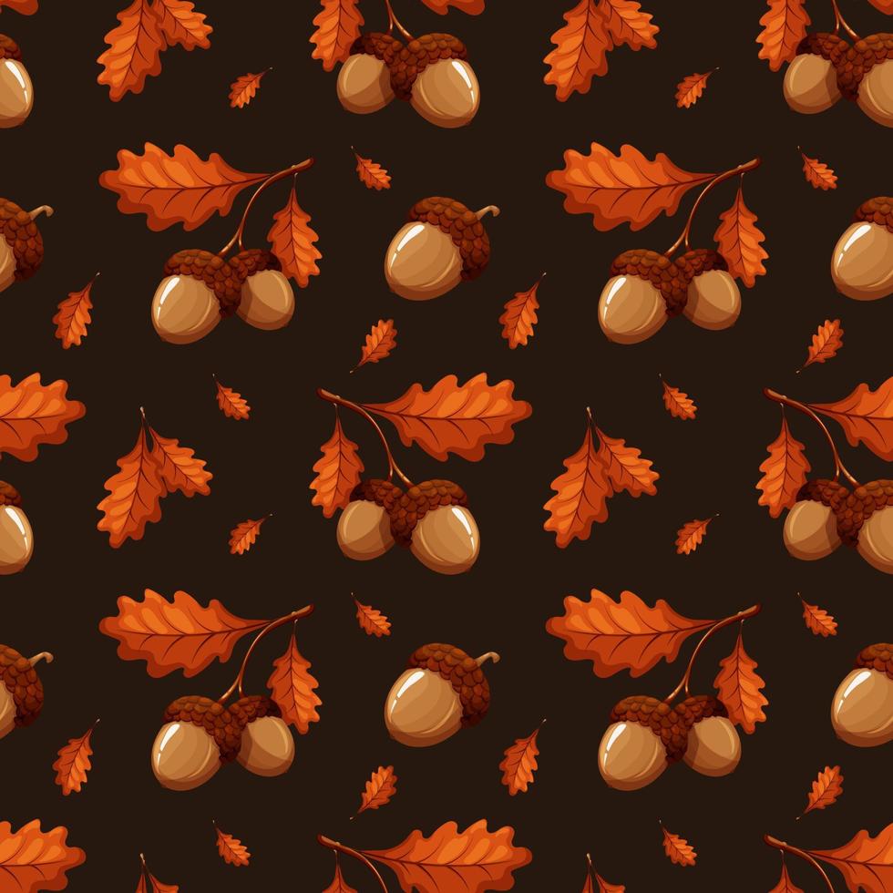 Pattern with light acorns and leaves on brown background vector