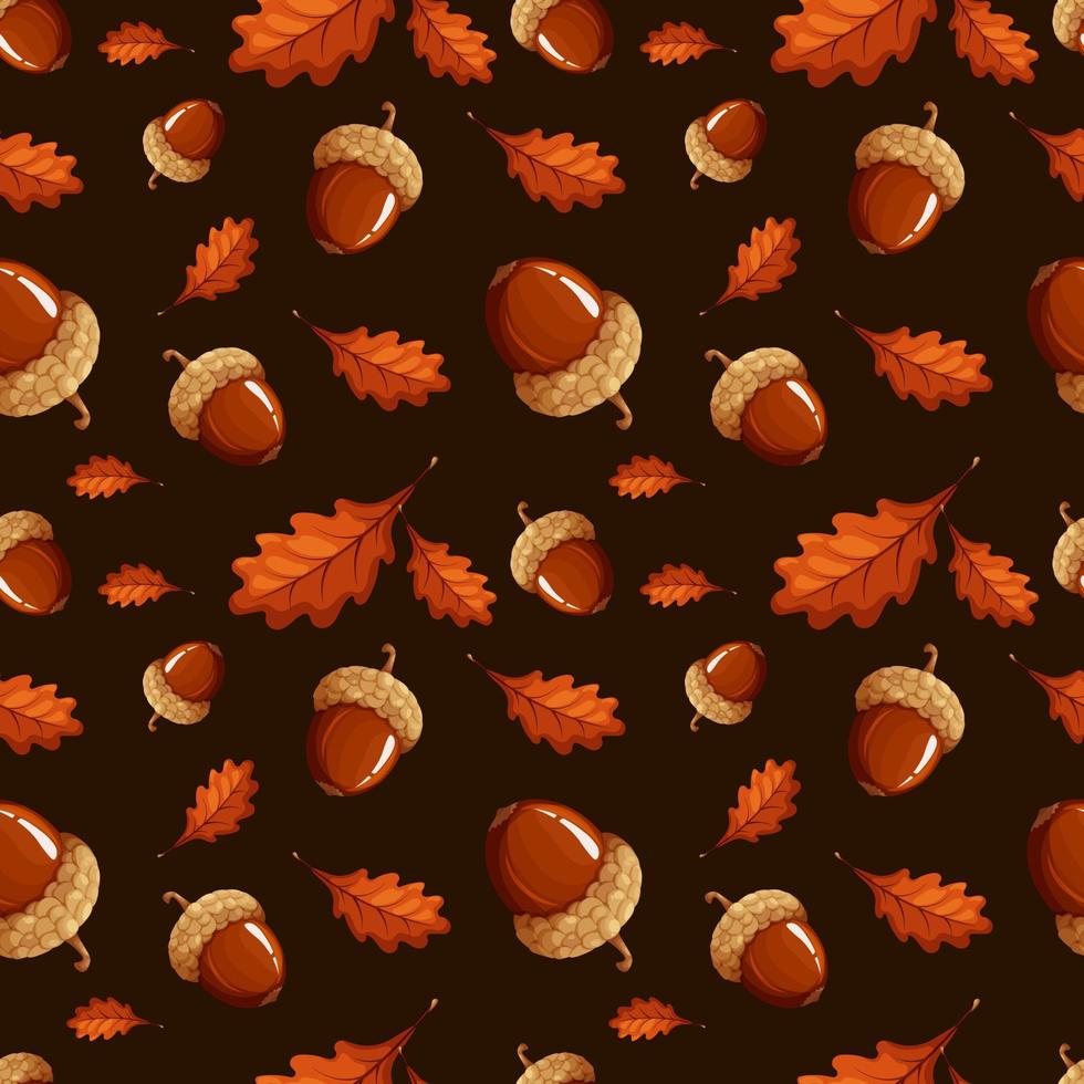 Pattern with dark acorns and leaves on brown background vector
