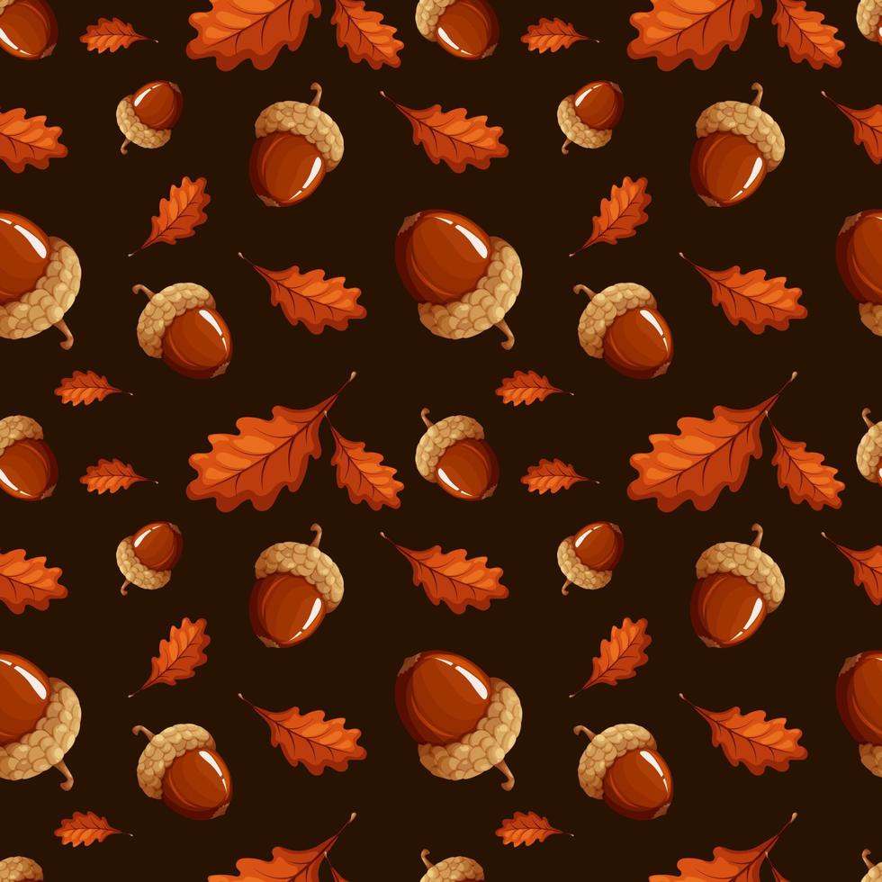 Pattern with dark acorns and leaves on brown background vector