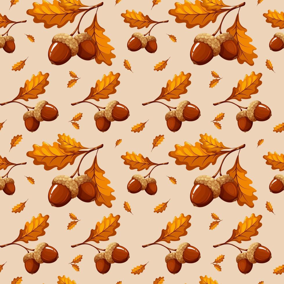 Pattern with dark acorns and leaves on beige background vector