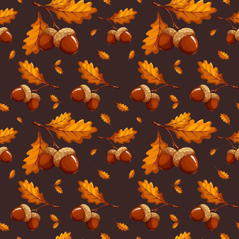 Pattern with dark acorns and leaves on grey background vector
