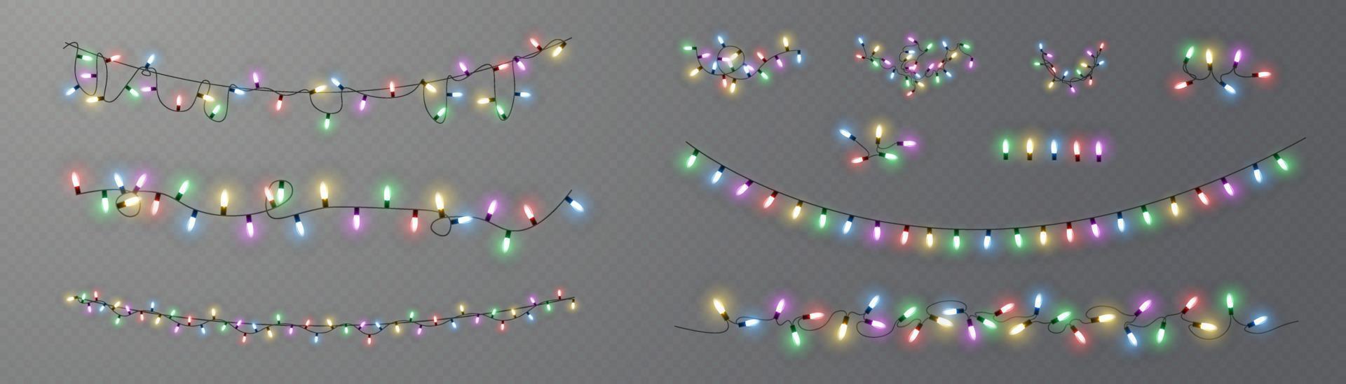 luces de Navidad. línea vectorial con bombillas de luz incandescente. conjunto de ilustración de lámpara de neón led de guirnalda brillante de navidad dorada. luces navideñas aisladas en tarjetas, pancartas, carteles vector