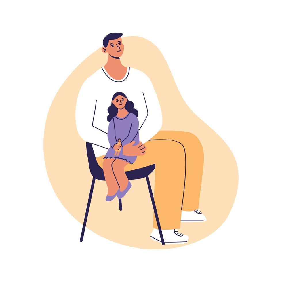 Dad with daughter. Girl sitting on Father's lap. Flat vector ilustration, isolated on a white background.