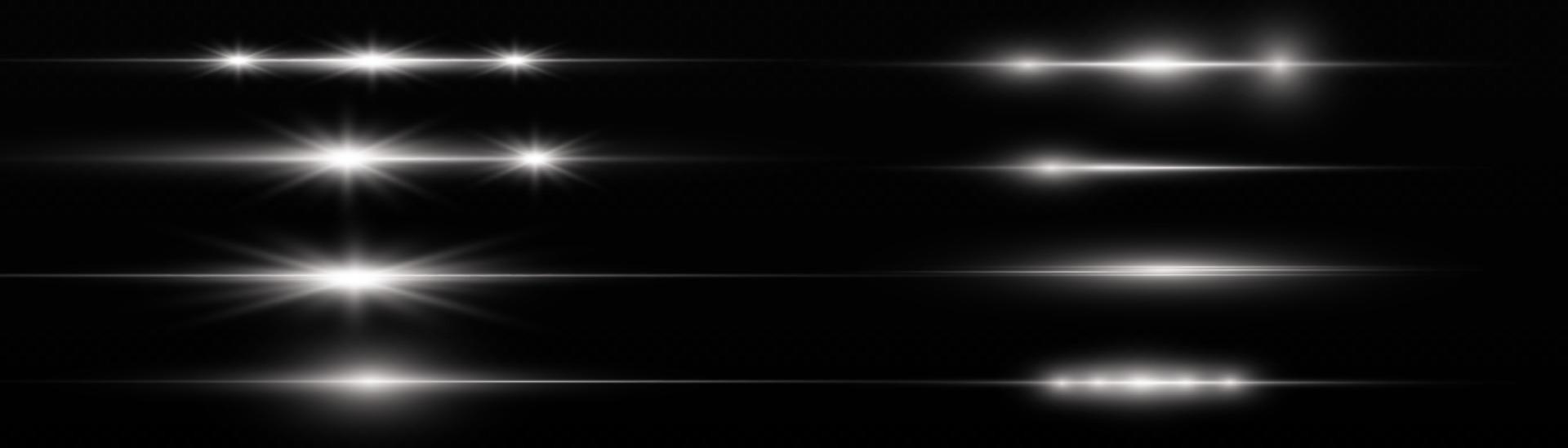 White horizontal lens flares pack. Laser beams, horizontal light rays. Beautiful light flares. Glowing streaks on light background. Luminous abstract sparkling lined background. vector